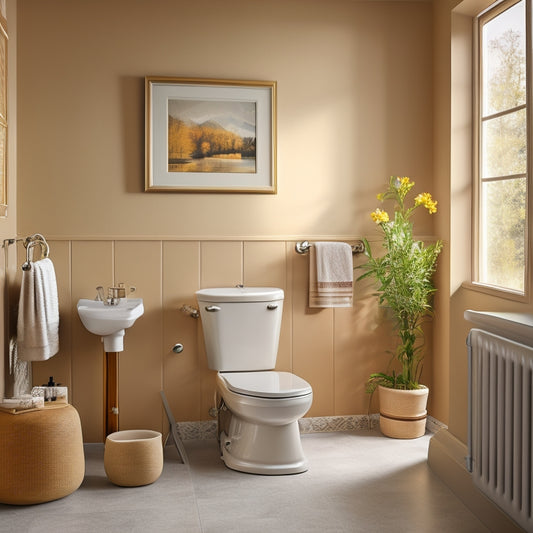 A serene, well-lit bathroom scene featuring a sleek toilet chair with armrests and a shower chair with a backrest, both in a warm, beige-colored room with a walk-in shower and grab bars.