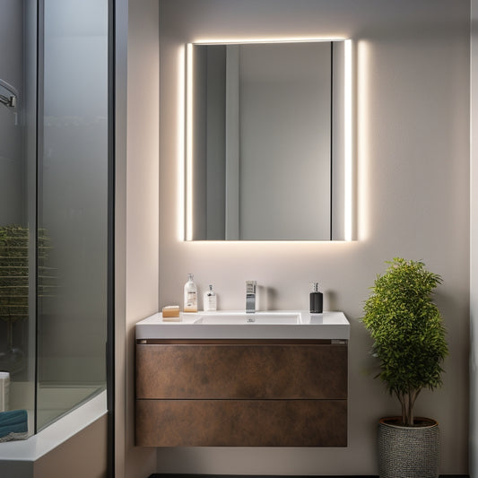 A sleek, modern bathroom features a wall-mounted cabinet with a rectangular sink and faucet, surrounded by elegant LED lighting, a large mirror, and a minimalist decorative vase on the countertop.