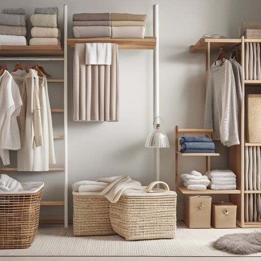 A serene, well-organized room with a few, carefully selected items: a wooden clothes rack with only 5 garments, a woven basket containing 3 rolled towels, and a sleek, compact shelving unit with 5 neatly stacked boxes.