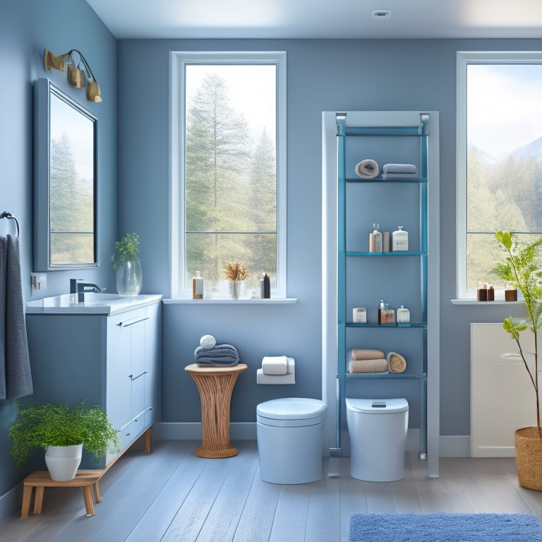 A sleek, modern bathroom with a ladder shelf system against a gray wall, holding toiletries, towels, and decorative glass jars, surrounded by a freestanding tub and a large window.