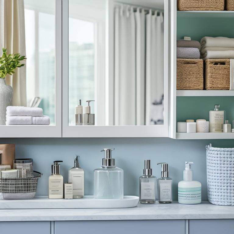 A tidy bathroom cabinet with open shelves, baskets, and containers holding neatly arranged toiletries, skincare products, and beauty tools, with a calm, spa-like background.