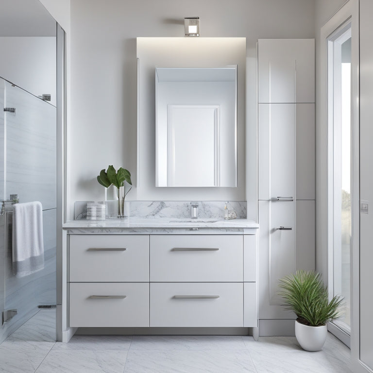 A modern bathroom with a sleek, white wall-mounted cabinet featuring two mirrored doors, chrome handles, and soft LED lighting, set against a calming gray and white marble background.