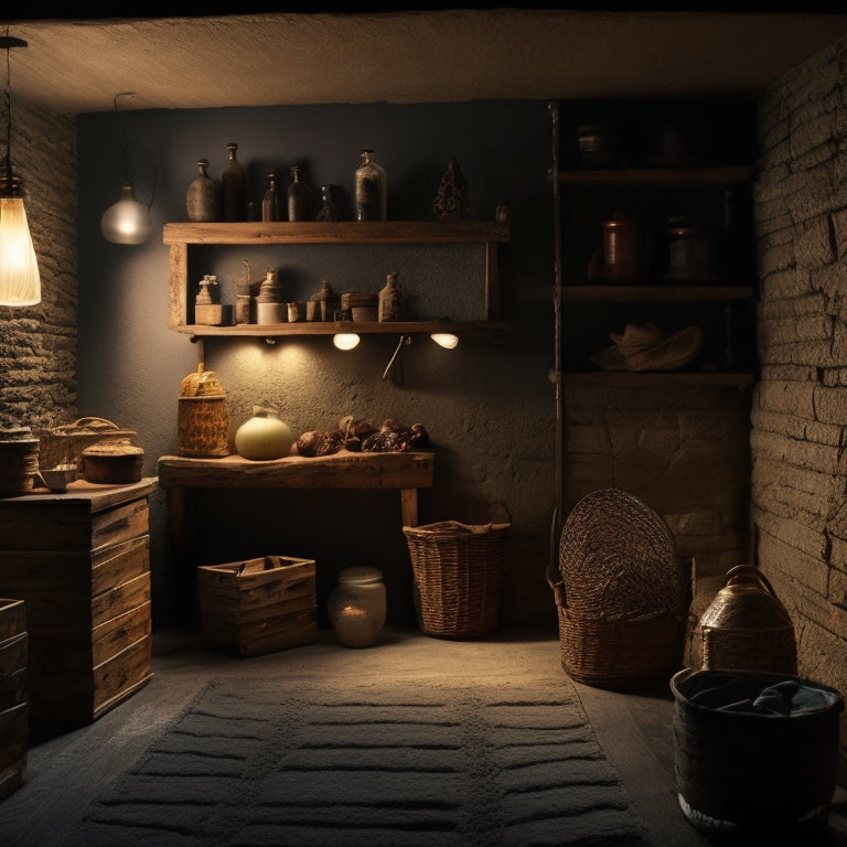 A dimly lit basement with a few stone walls, wooden crates, and a single, flickering light bulb, featuring 5-7 dehumidifiers of varying sizes and designs on a wooden shelf or floor.