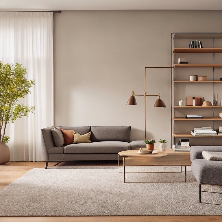 A modern, minimalist living room with a sleek, wall-mounted shelving unit, hidden storage ottoman, and a Murphy desk with a built-in shelving system, surrounded by calm, natural tones.