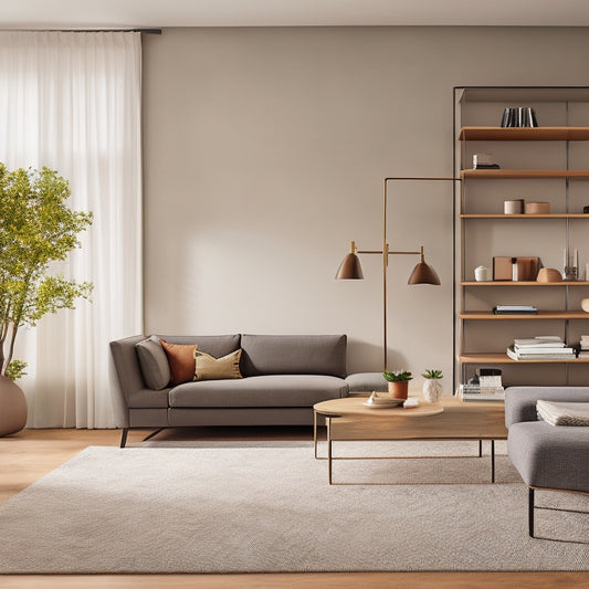 A modern, minimalist living room with a sleek, wall-mounted shelving unit, hidden storage ottoman, and a Murphy desk with a built-in shelving system, surrounded by calm, natural tones.