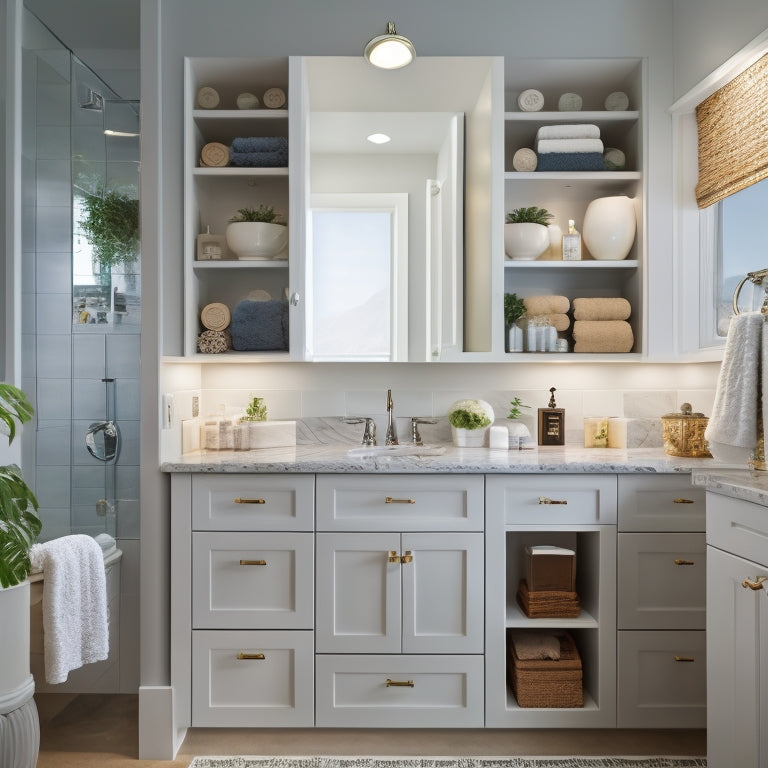 A serene, well-lit bathroom with gleaming countertops, featuring a mix of open shelving, cabinets, and drawers, showcasing various countertop organization systems, with neatly arranged toiletries and bath essentials.