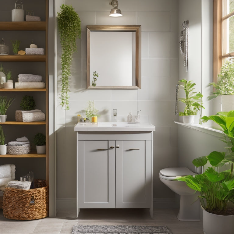 A serene, well-lit bathroom with a large, wall-mounted cabinet featuring soft-close drawers and a recessed mirror, surrounded by a few, neatly arranged bathroom essentials and a small potted plant.