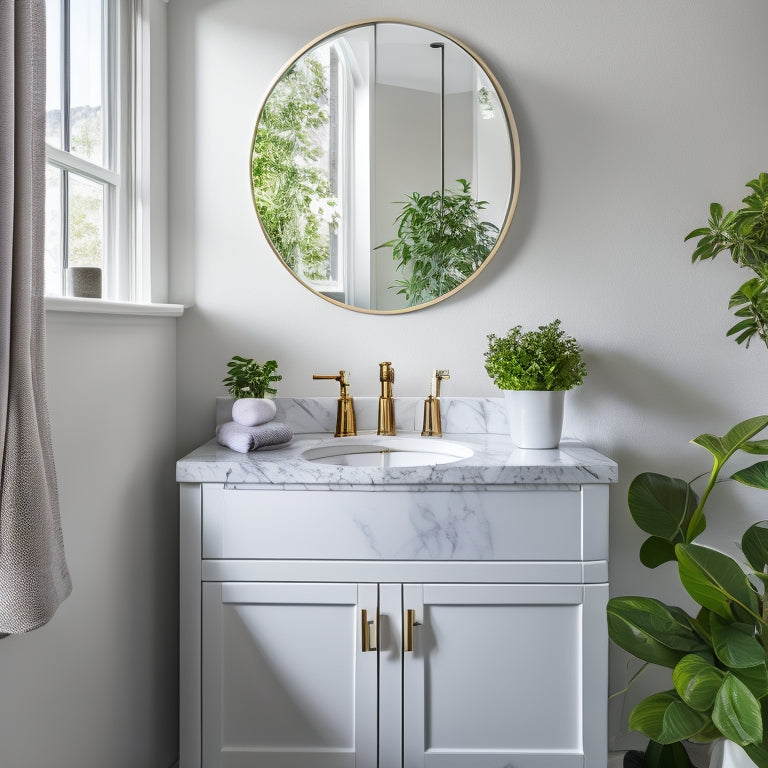 A sleek, modern corner vanity in a bright bathroom, showcasing elegant white cabinetry, a stylish oval sink, and polished chrome fixtures, surrounded by lush greenery and soft, ambient lighting for a serene atmosphere.