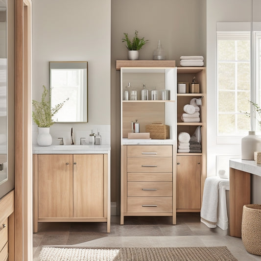 A sleek, stylish bathroom featuring a multi-functional storage unit, showcasing open shelves, a mirrored cabinet, and elegant baskets. Soft natural light floods the space, highlighting modern fixtures and neutral color tones.