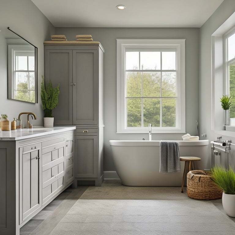 A serene, modern bathroom with a freestanding tub, soft gray walls, and a large window with natural light pouring in, showcasing a sleek, wall-mounted storage cabinet with multiple drawers and baskets.