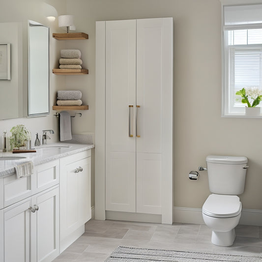 A serene, modern bathroom with creamy white walls, featuring a wall-mounted cabinet with soft-close doors, a recessed medicine cabinet, and a sleek, chrome-finished towel rack.