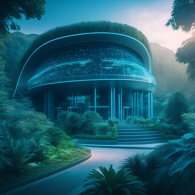 A futuristic government building with sleek, modern architecture, surrounded by lush greenery, with virtual screens and augmented reality visuals floating above, connected by glowing blue circuits.