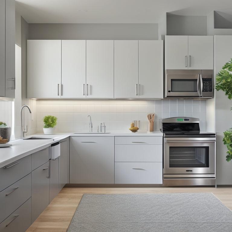 A clean, modern kitchen with a wall-mounted cabinet in a soft gray finish, surrounded by gleaming white countertops and sleek stainless steel appliances, with a few tools and a level lying nearby.