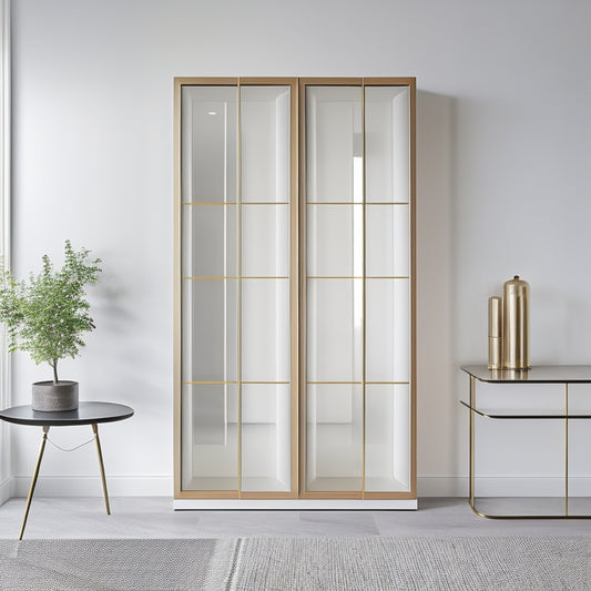 A stylish, minimalist room with a floor-to-ceiling wall cabinet featuring glass doors, metallic hardware, and a combination of open and closed storage, set against a soft, creamy white background.