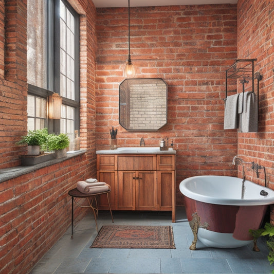 A modern industrial bathroom with exposed brick walls, featuring a metal-framed cabinet with reclaimed wood shelves, adorned with vintage metal fixtures and a pendant light above a freestanding tub.