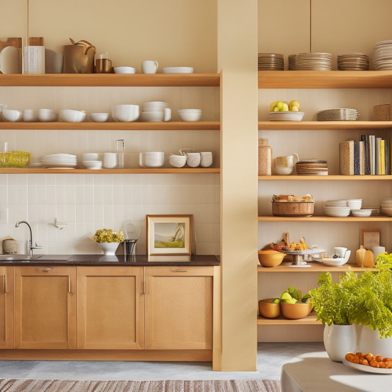 A modern, bright kitchen with sleek, built-in shelves and cabinets in a warm, honey-brown wood tone, filled with cookbooks, decorative vases, and neatly organized kitchenware.