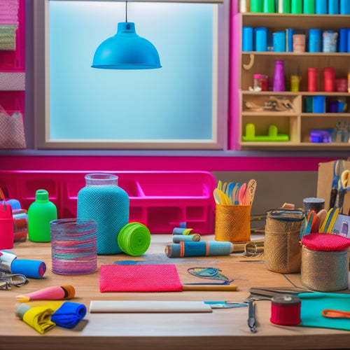 A colorful, neatly arranged workshop table with various crafting tools and materials, including a wooden dowel, fabric scraps, scissors, and a hot glue gun, surrounded by half-finished hanging organizers.