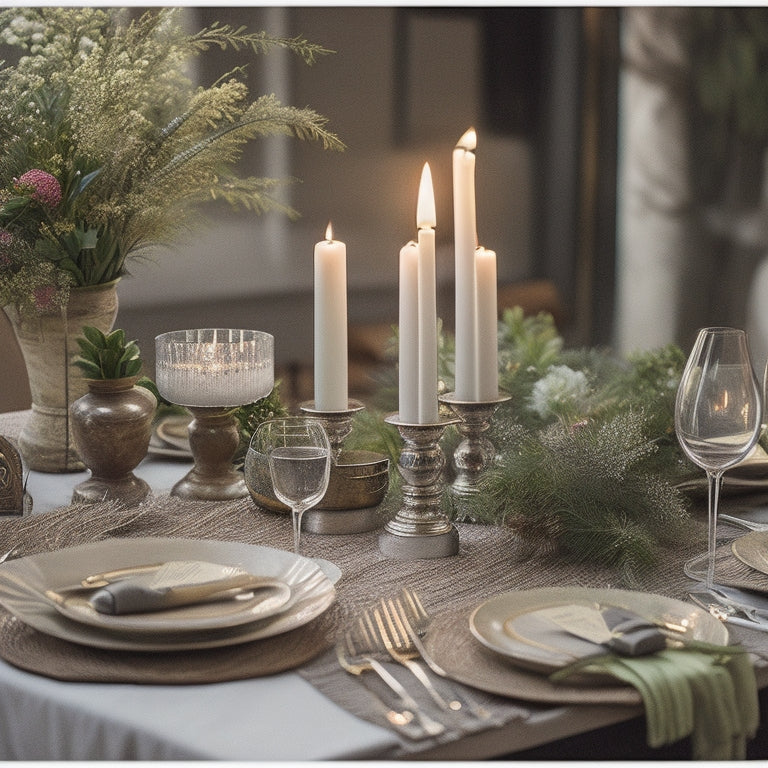 A beautifully styled, rustic-chic dining table setting with a mix of modern and vintage decorative items, surrounded by lush greenery, soft candlelight, and a few strategically-placed wedding gifts.