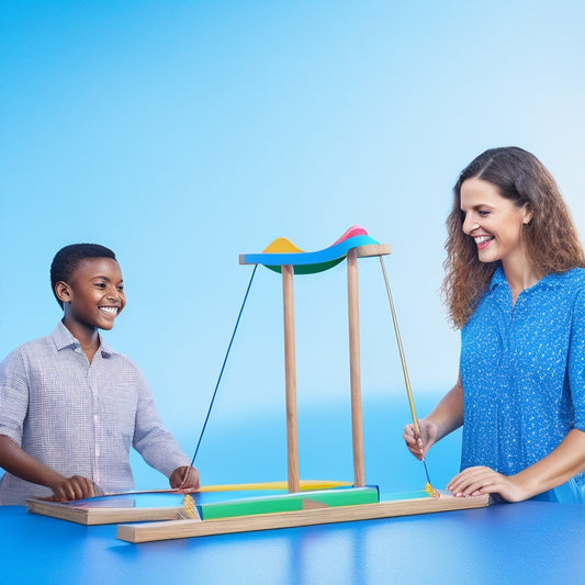 A delicate seesaw with a smiling teacher at one end, surrounded by diverse students, books, and colorful learning materials, and a balanced equation symbol (=) at the other end, set against a bright blue background.