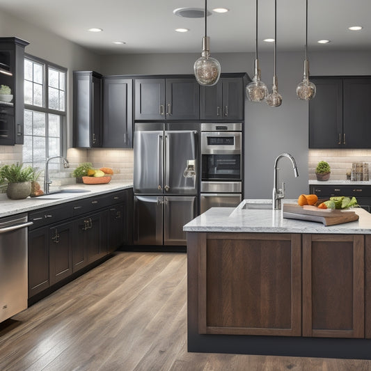 A modern kitchen with sleek countertops and dark wood cabinets, featuring the MOEN 87039SRS faucet in a prominent position, surrounded by gleaming stainless steel appliances and a few strategically placed kitchen utensils.