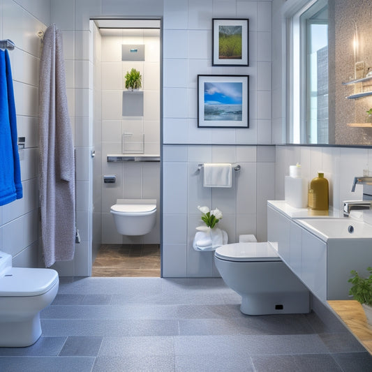 A modern bathroom with a smartphone on the counter, surrounded by various bathroom design elements, such as tiles, sinks, and toilets, with 10 small icons or screenshots of apps hovering above the phone.