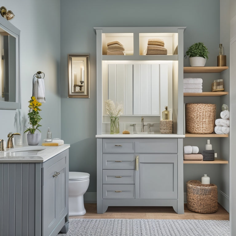A serene, well-lit bathroom with a wall-mounted cabinet featuring sliding drawers, a floor-to-ceiling storage unit with woven baskets, and a countertop with a built-in utensil organizer and a soap dispenser.