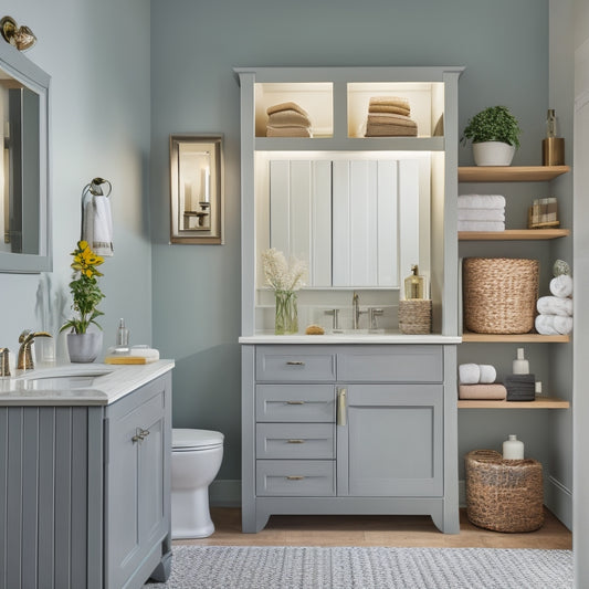A serene, well-lit bathroom with a wall-mounted cabinet featuring sliding drawers, a floor-to-ceiling storage unit with woven baskets, and a countertop with a built-in utensil organizer and a soap dispenser.