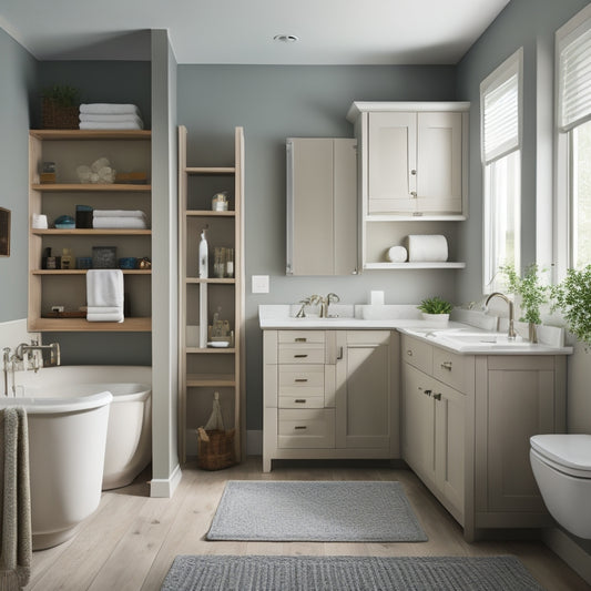 A serene, well-lit bathroom with a mix of open shelving, cabinets, and drawers in various sizes, showcasing a range of accessible storage solutions for diverse needs, including grab bars and seating.