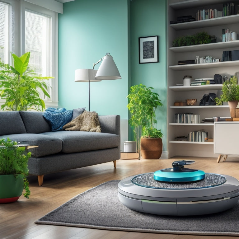 A bright, modern living room with a sparkling clean floor, a few scattered cleaning supplies, and a futuristic-looking robot vacuum in the center, surrounded by tidy rows of books and a few potted plants.