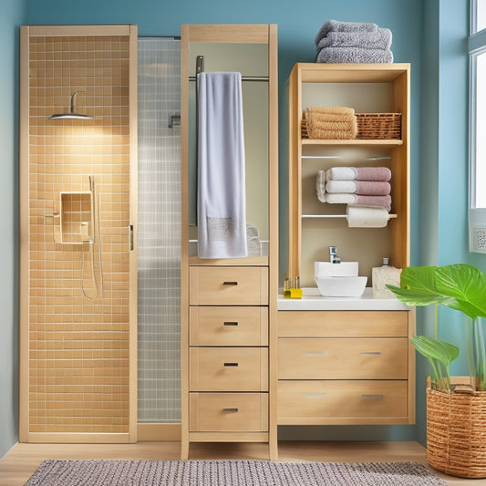 A modern, sleek bathroom with a wall-mounted cabinet featuring a sliding mirror door, a recessed shelving unit with rolled towels and decorative baskets, and a floor-to-ceiling storage tower with open shelves and a woven basket.