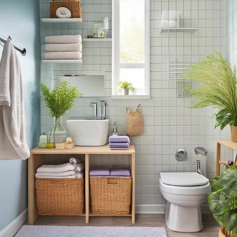 A bright, modern bathroom with a compact, wall-mounted shelf above the sink, a woven storage basket beside the toilet, and a tension rod with hanging baskets and shower caddy.