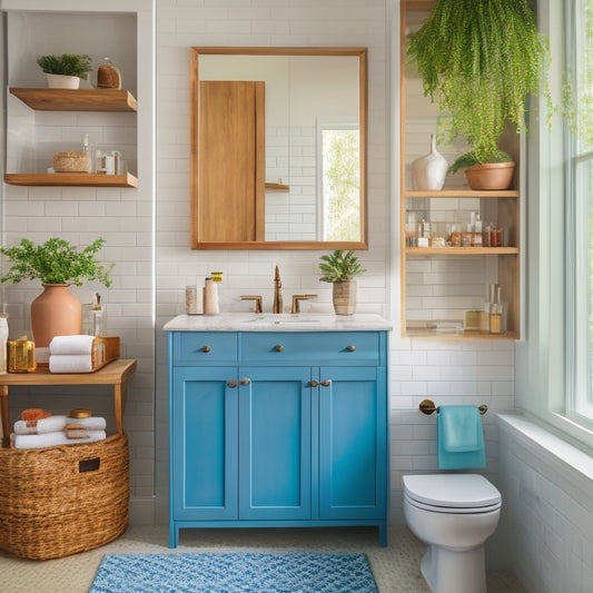 A bright, modern bathroom with a wall-mounted cabinet featuring a sliding mirror door, a woven basket on a shelf, and a few decorative apothecary jars on a glass countertop.