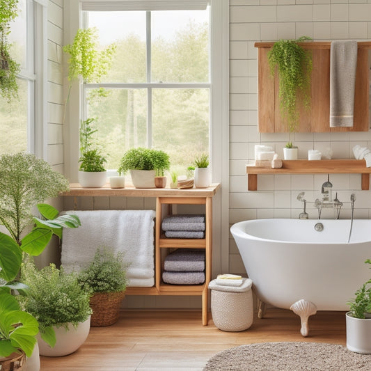 A serene bathroom with soft, creamy walls, features a freestanding tub, surrounded by DIY open shelving in a natural wood tone, holding potted greenery and decorative bathroom essentials.