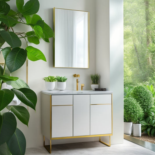 A sleek, modern bathroom featuring a slimline cabinet in glossy white with minimalist gold handles, surrounded by lush green plants, a marble countertop, and soft ambient lighting reflecting off a large mirror.