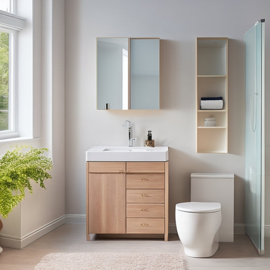 A minimalist bathroom with three different sink cabinets: a wall-mounted corner cabinet with a curved sink, a pedestal sink with a slim storage column, and a compact vanity with a rounded basin.