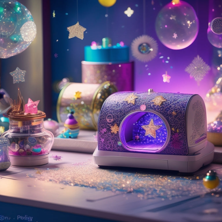 A whimsical, dreamlike scene featuring a Cricut machine surrounded by swirling, colorful papers, intricate cut-outs, and glittering embellishments, with sparks and stars bursting from the machine.