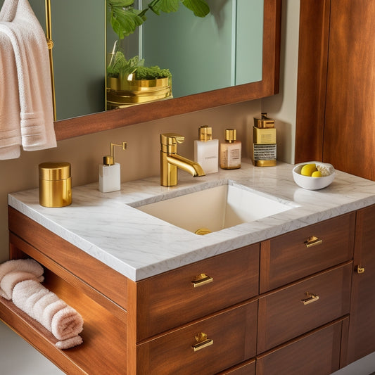 A luxurious under-sink storage solution featuring sleek, wooden cabinetry with gold accents, neatly organized toiletries, soft ambient lighting, and a marble countertop, set against a backdrop of a modern, elegant bathroom decor.