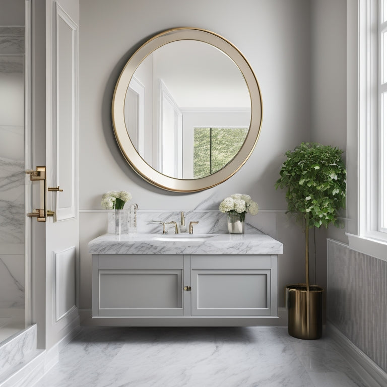 Generate an image of a luxurious bathroom with white marble countertops, featuring a large, oval-shaped sink, chrome faucets, and a sleek, wall-mounted mirror, set against a soft, gray background.