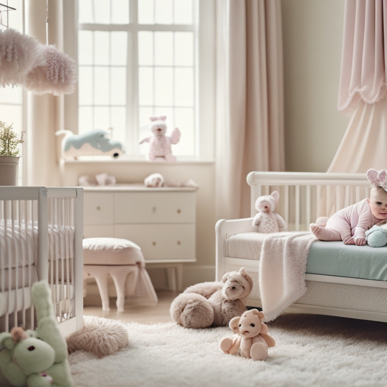 A whimsical nursery scene with a white crib adorned with a delicate mobile, surrounded by plush toys, a changing table with stacked diapers, and a comfy glider in a soft, pastel color palette.