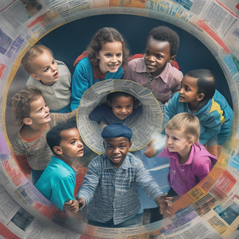 An illustration of a diverse group of children standing in a circle, each holding a newspaper section, surrounded by speech bubbles in various colors, blending into a harmonious, swirling vortex.