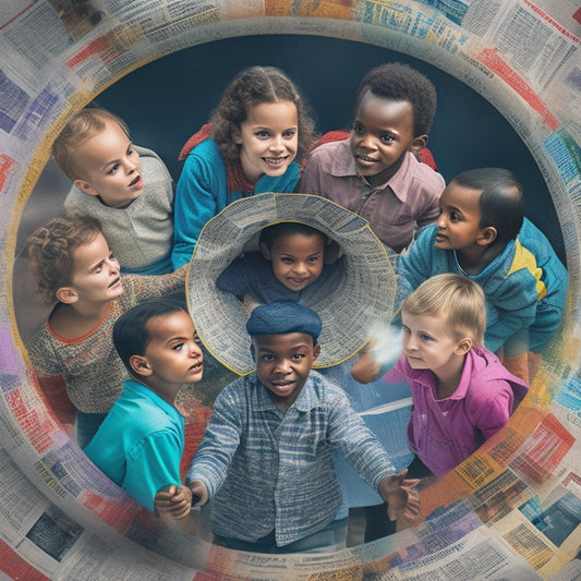 An illustration of a diverse group of children standing in a circle, each holding a newspaper section, surrounded by speech bubbles in various colors, blending into a harmonious, swirling vortex.