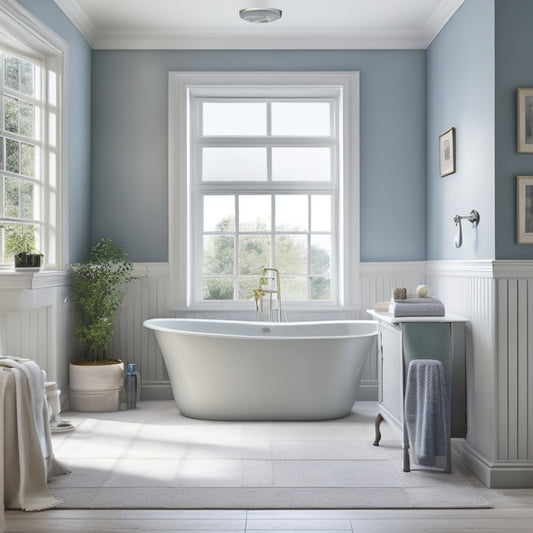 A serene bathroom with a freestanding tub, surrounded by three accent walls in soft, contrasting hues: warm beige, calming blue, and rich gray, against a crisp white background.