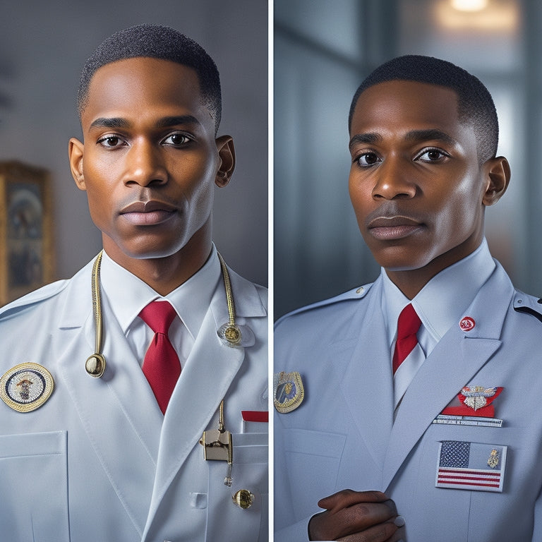 A split-screen image with a surgeon general's badge on a white coat on one side, and a zoomed-in feed of social media apps with red warning symbols overlaid on the screens on the other side.