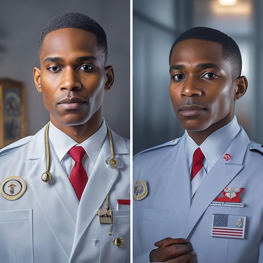 A split-screen image with a surgeon general's badge on a white coat on one side, and a zoomed-in feed of social media apps with red warning symbols overlaid on the screens on the other side.