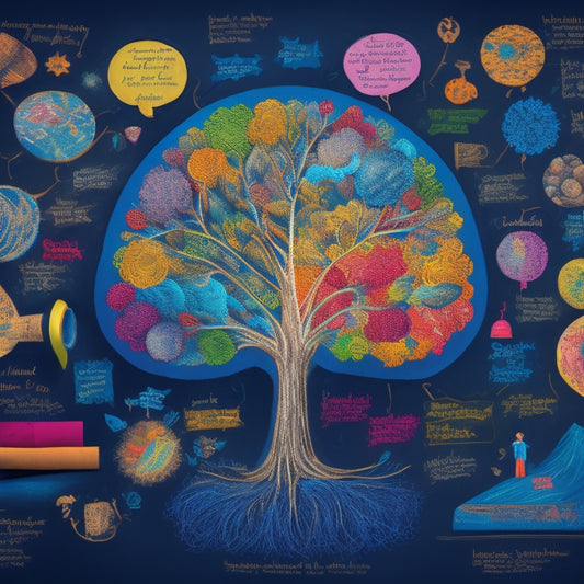 A colorful, hand-drawn mind map with radiating branches, featuring icons of a teacher, students, a chalkboard, books, and a laptop, surrounded by subtle, swirling patterns and creative doodles.