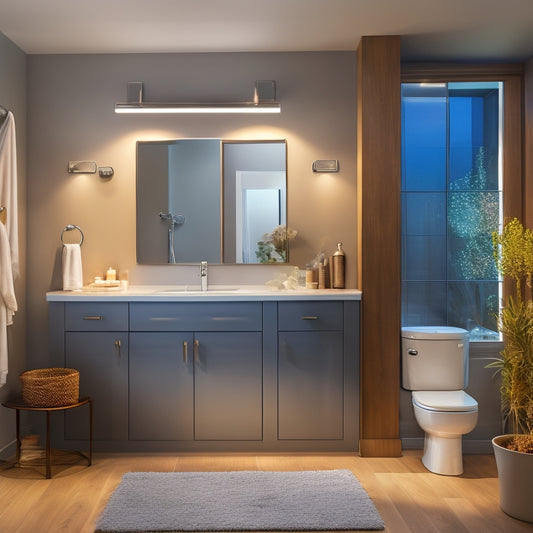 A well-lit, modern bathroom with a corner cabinet featuring adjustable shelves, baskets, and a Lazy Susan, surrounded by sleek countertops, a wall-mounted sink, and a large mirror.