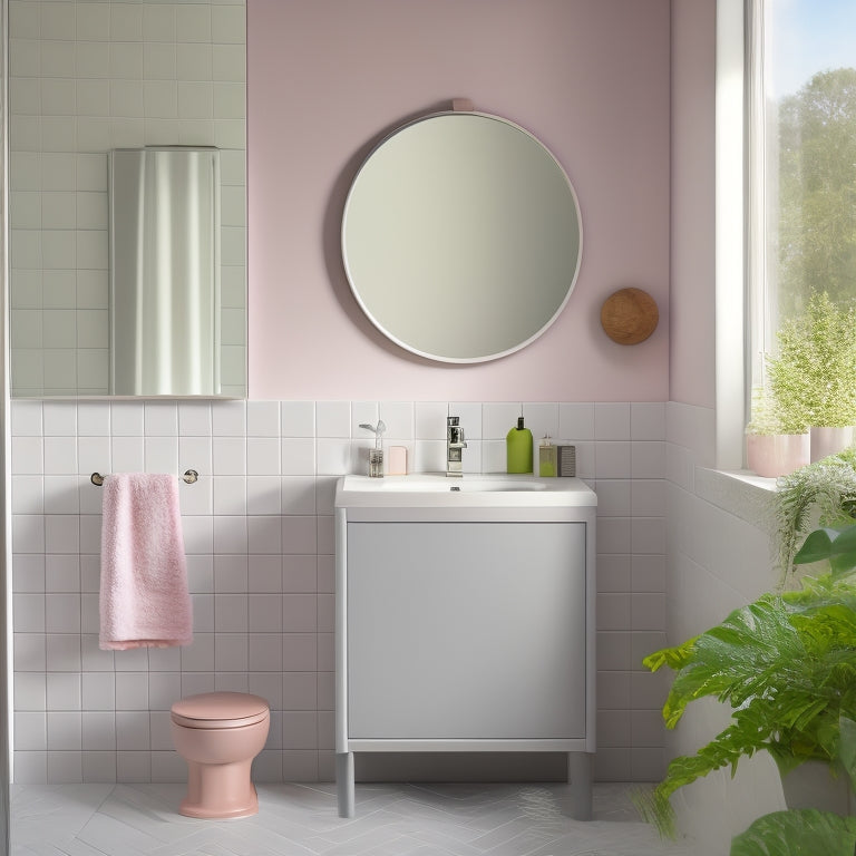 A sleek, compact vanity unit with a minimalist design, nestled in a tiny bathroom featuring soft pastel tiles, a round mirror, and clever storage solutions, illuminated by natural light from a small window.