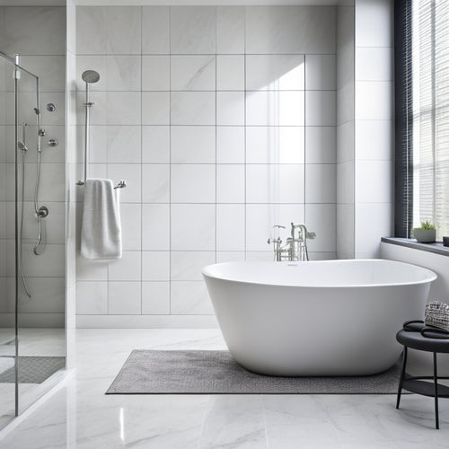 A serene bathroom scene: a sleek, white, free-standing tub centered, surrounded by a gleaming, chrome-finished, floor-mounted showerhead, and a matte-black, wall-mounted faucet, amidst calm, gray, and white marble tiles.