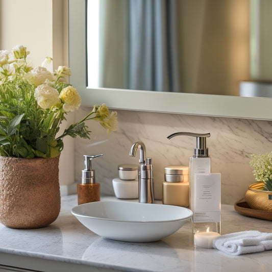 A serene, clutter-free bathroom counter with a few strategically-placed, neatly-arranged toiletries, a small vase with fresh flowers, and a subtle, natural stone backsplash.