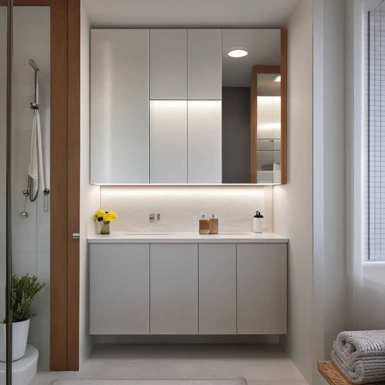 A minimalist bathroom with a partially open in-wall cabinet, showcasing ideal dimensions: 24" wide, 30" tall, and 4" deep, with soft lighting and a subtle background.